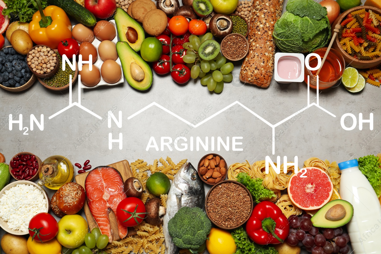 Image of Different organic products on light grey table, flat lay. Sources of essential amino acids