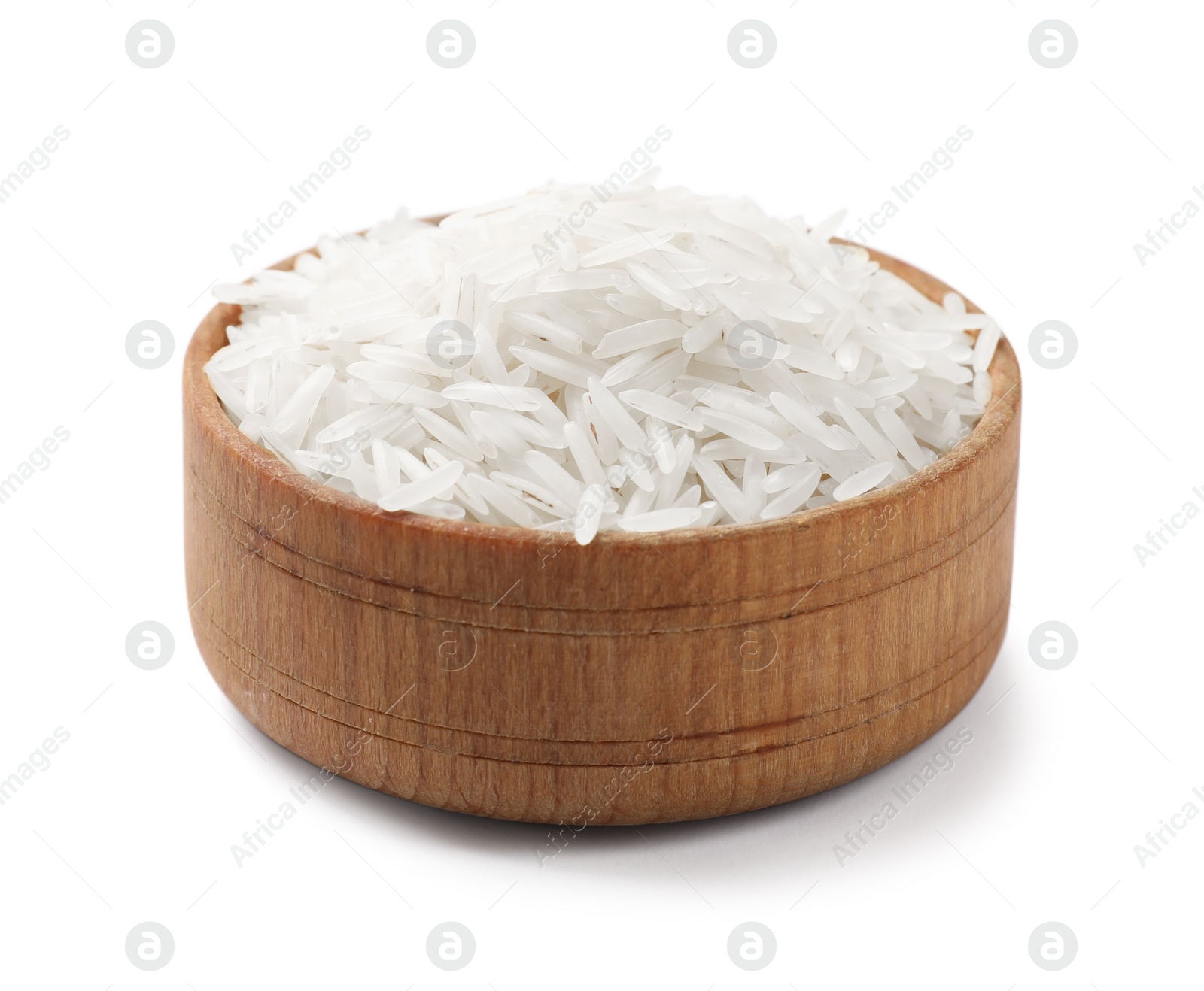 Photo of Raw basmati rice in bowl isolated on white