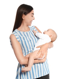 Portrait of happy mother with her baby isolated on white