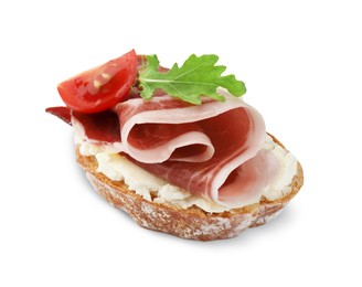 Photo of Tasty sandwich with cured ham, arugula and tomato isolated on white