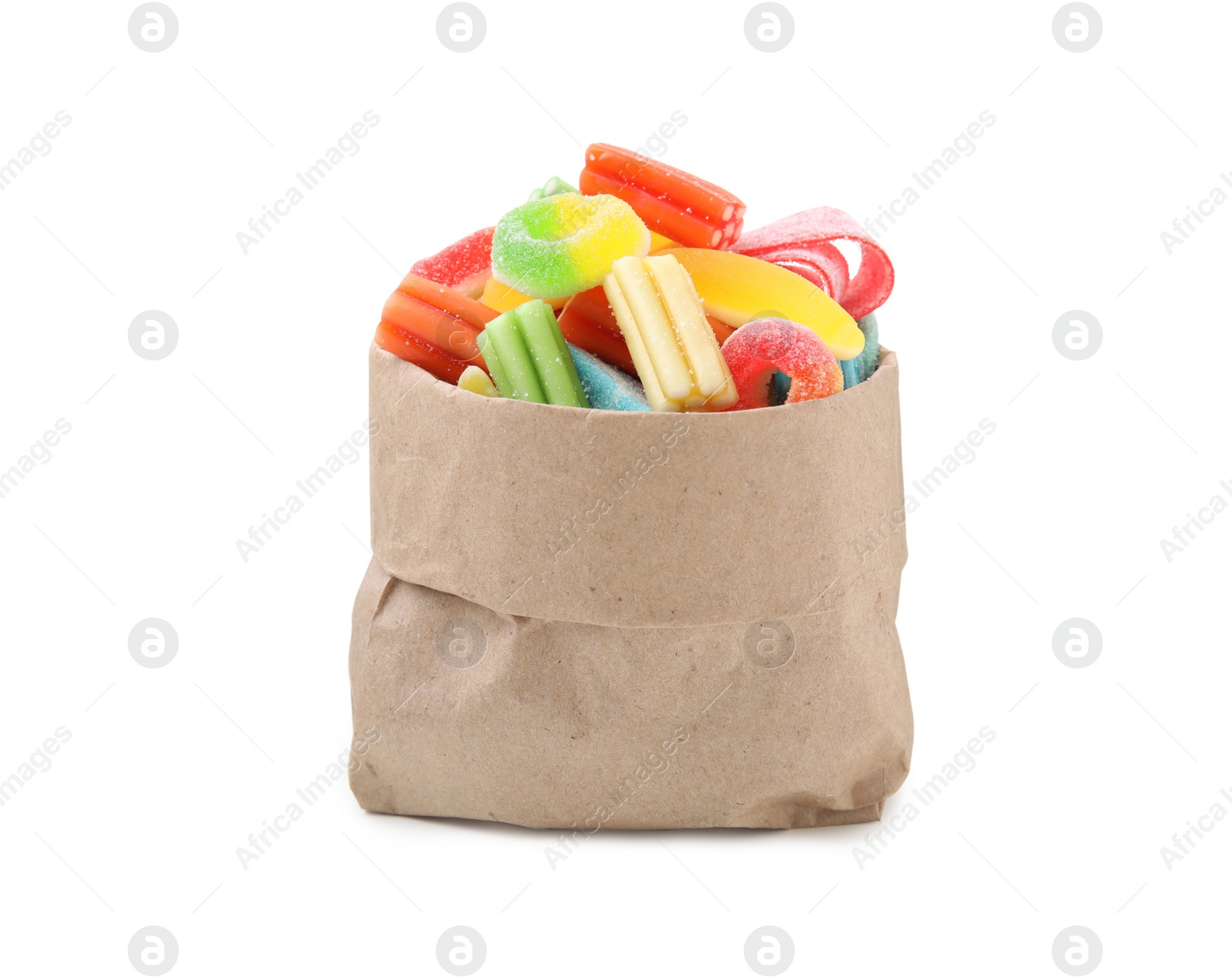 Photo of Paper bag of tasty colorful jelly candies on white background