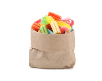 Photo of Paper bag of tasty colorful jelly candies on white background