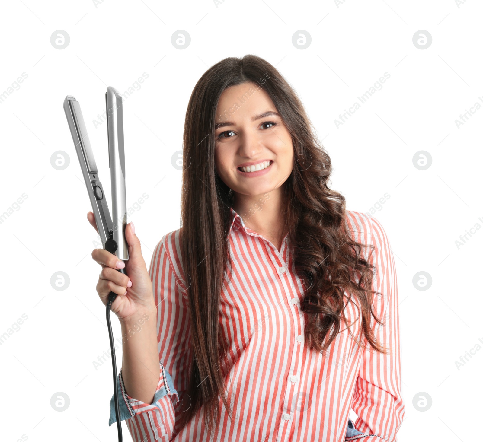 Photo of Young woman with modern hair iron on white background