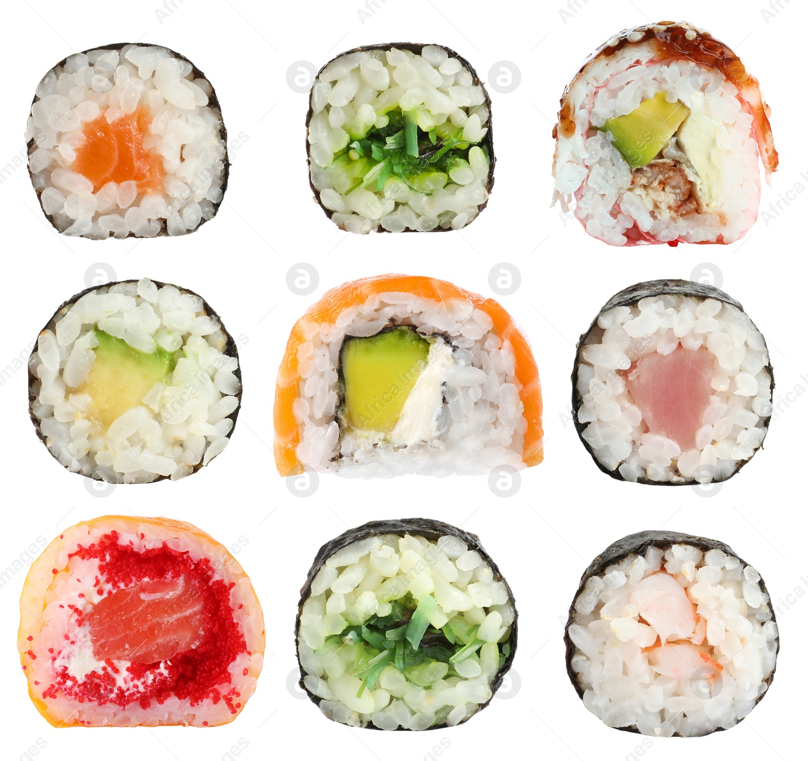 Image of Set of delicious different sushi rolls on white background