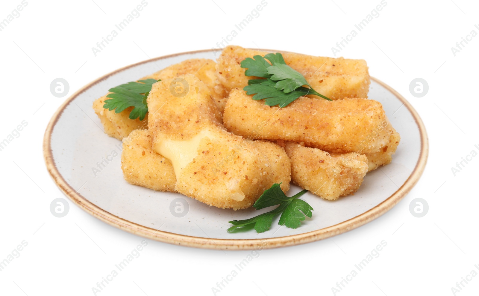 Photo of Plate with tasty fried mozzarella sticks and parsley isolated on white