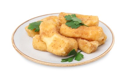 Photo of Plate with tasty fried mozzarella sticks and parsley isolated on white
