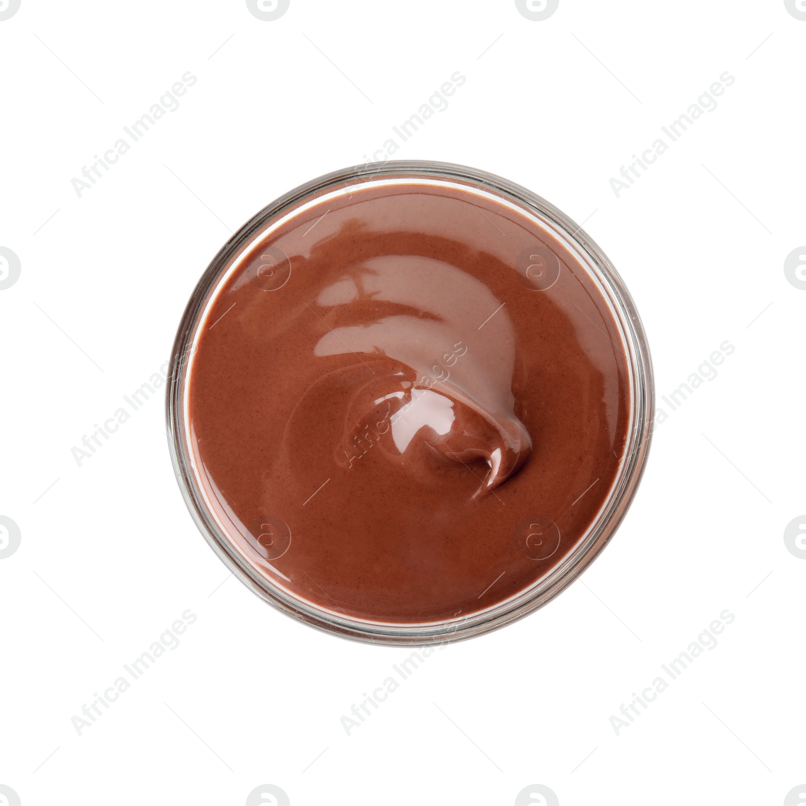 Photo of Glass with tasty chocolate cream isolated on white, top view