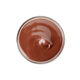 Photo of Glass with tasty chocolate cream isolated on white, top view