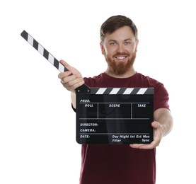 Making movie. Smiling man with clapperboard on white background