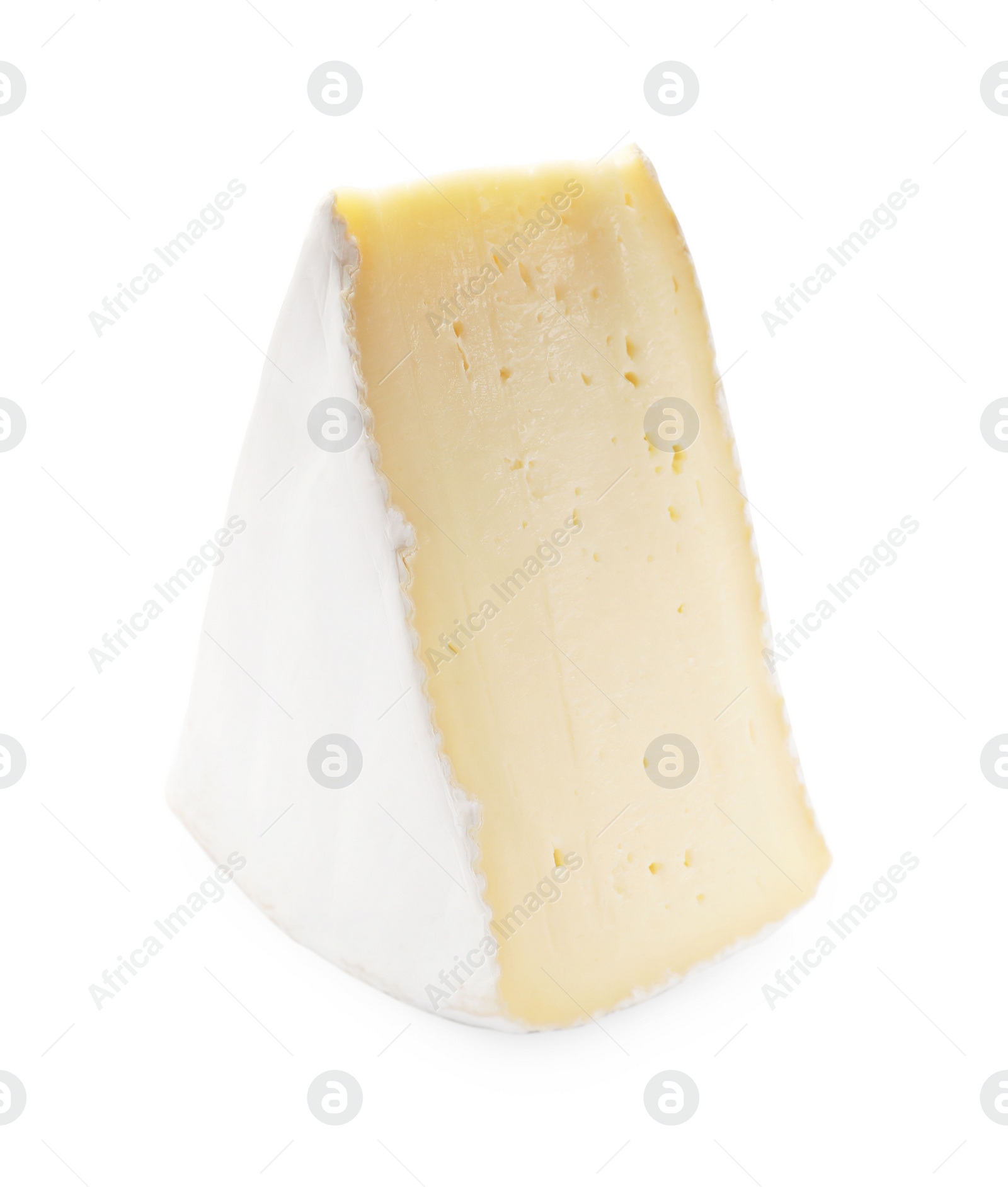 Photo of One piece of tasty camembert cheese isolated on white