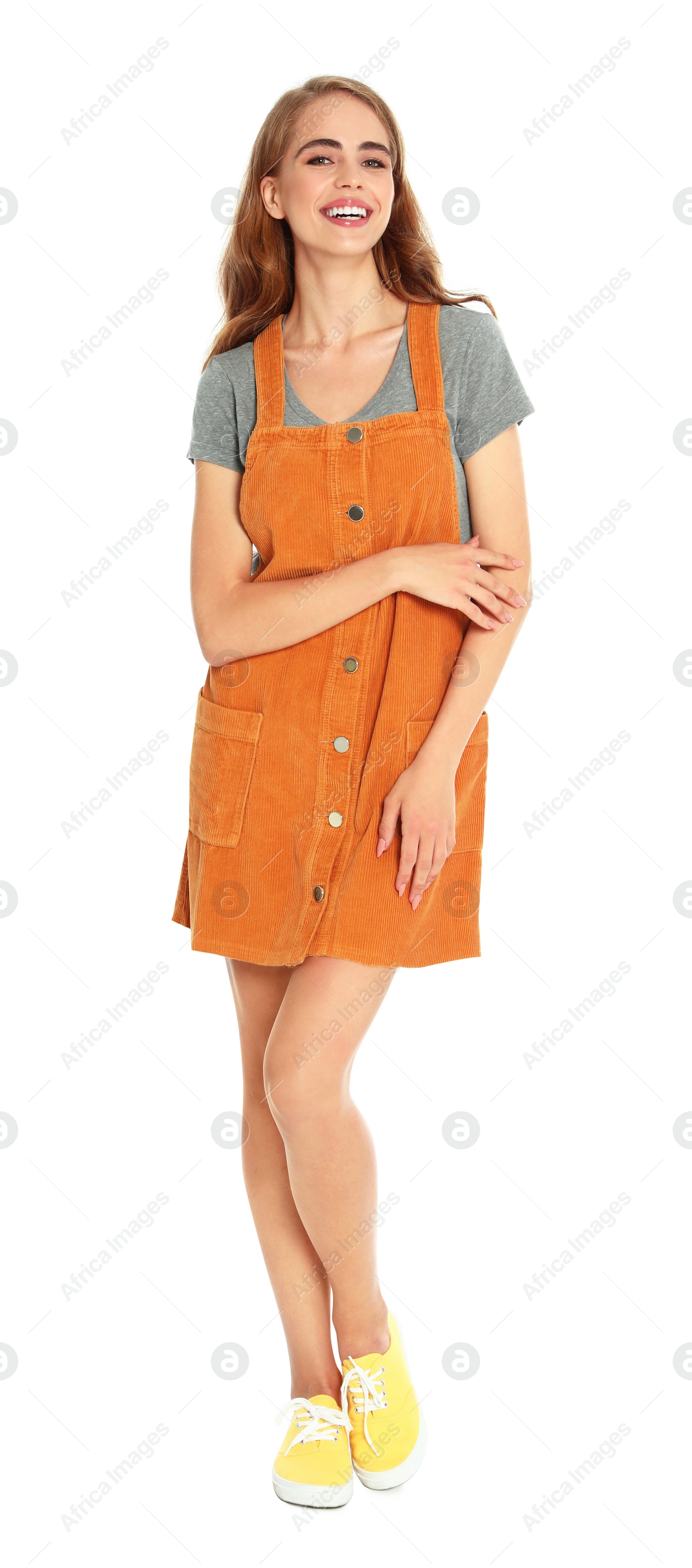 Photo of Full length portrait of young woman on white background