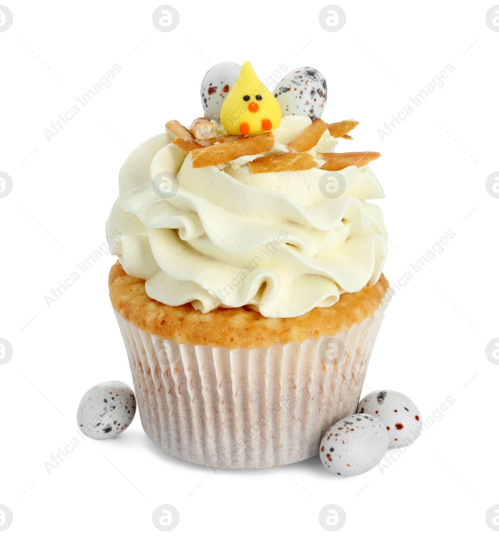 Photo of Tasty Easter cupcake with vanilla cream isolated on white