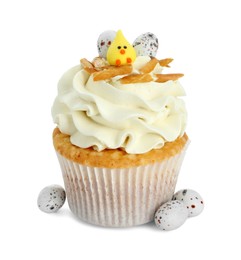 Photo of Tasty Easter cupcake with vanilla cream isolated on white