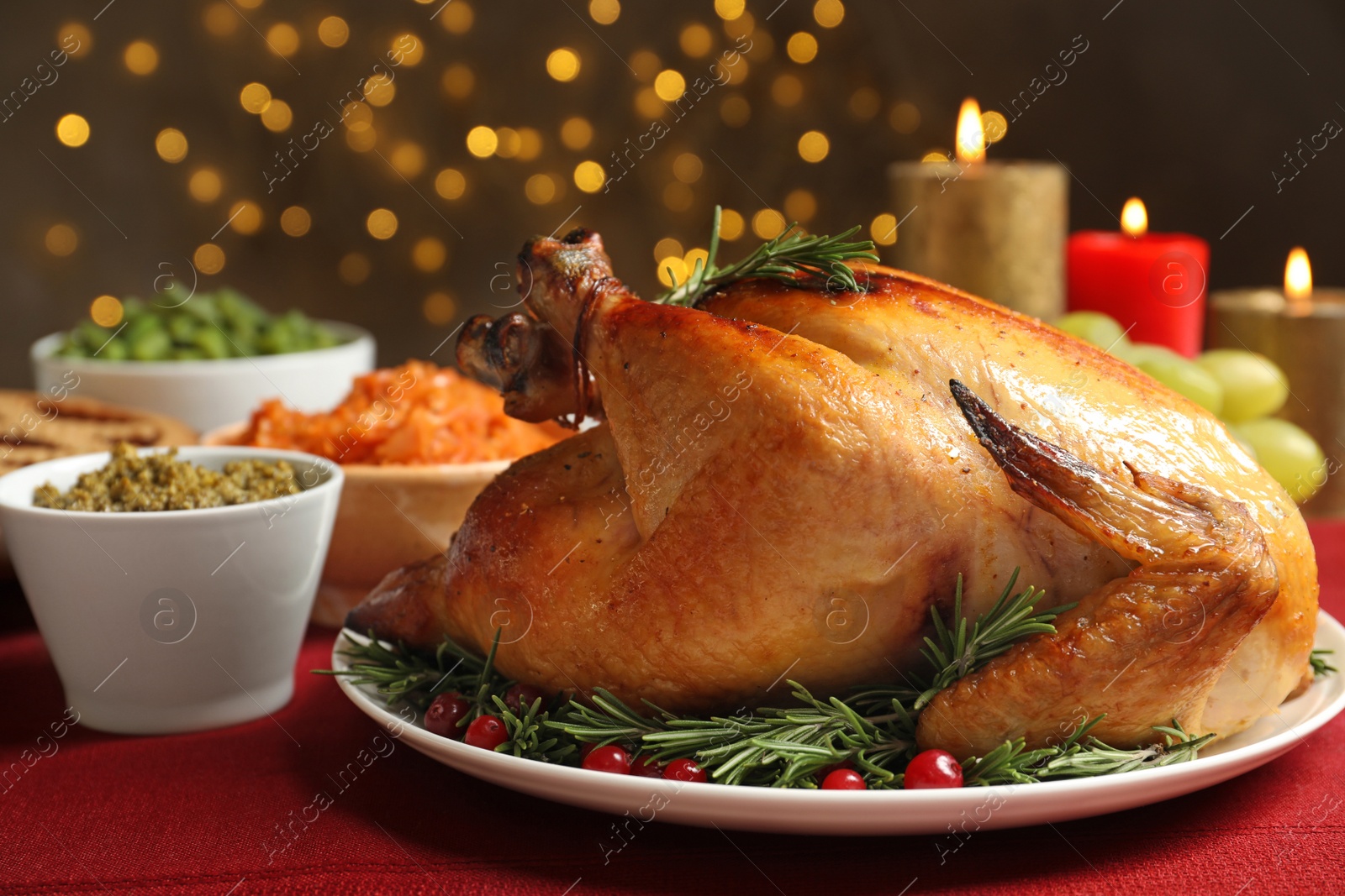 Photo of Delicious roasted turkey served on festive table