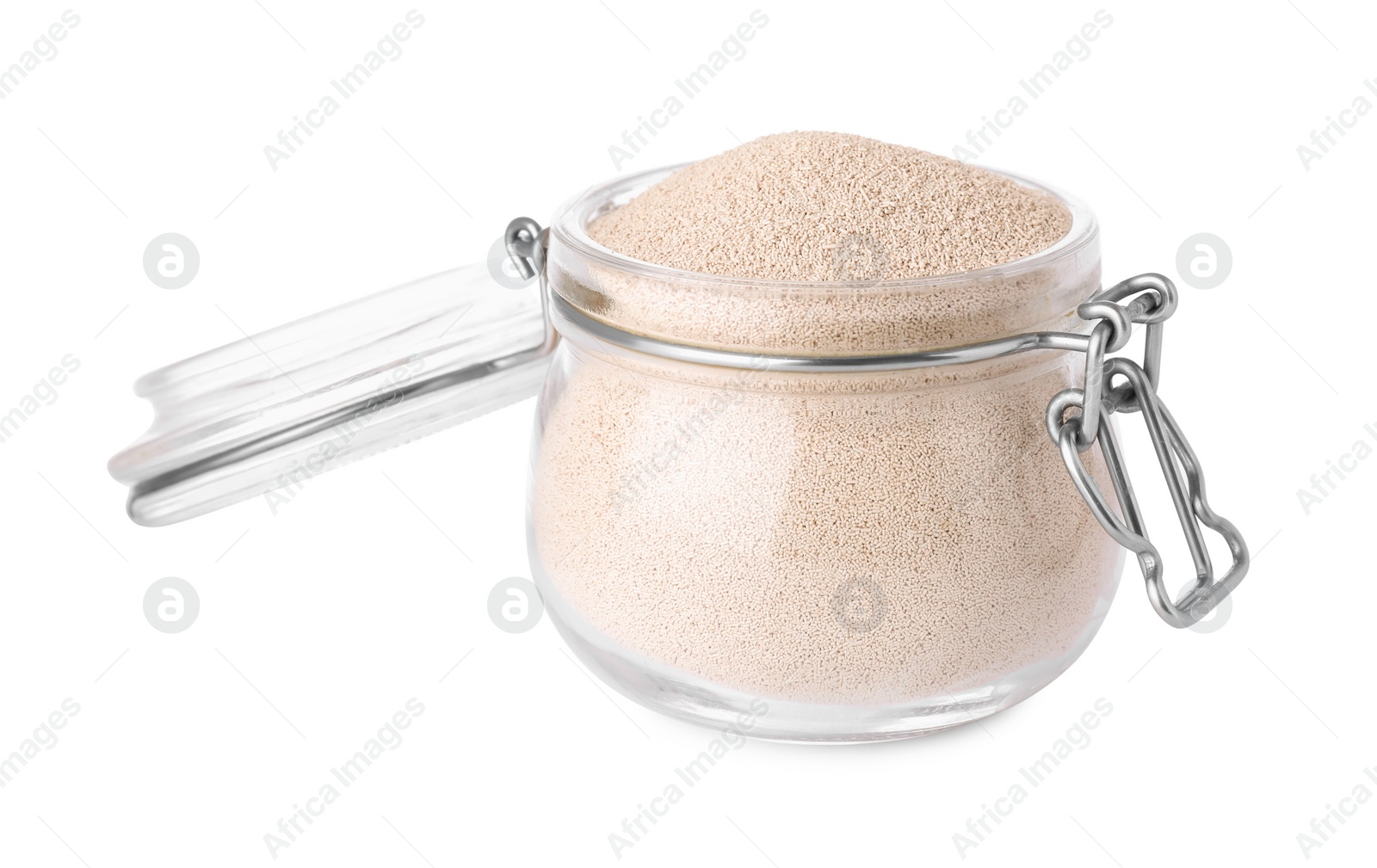 Photo of Jar with active dry yeast isolated on white