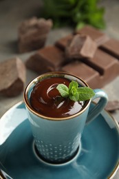 Photo of Cup of delicious hot chocolate with fresh mint on grey table, closeup