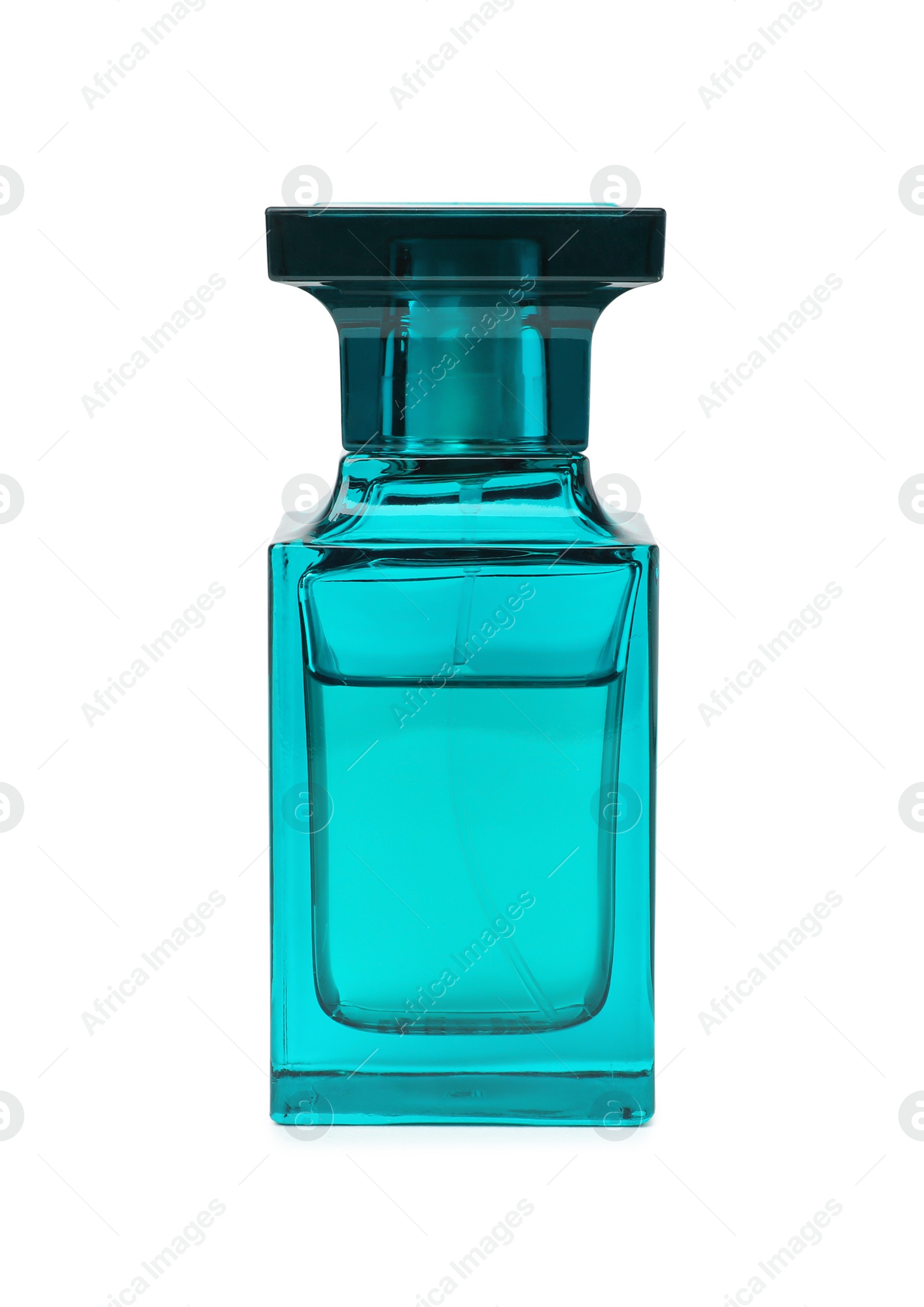 Photo of Transparent bottle of perfume on white background