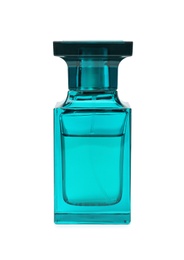 Photo of Transparent bottle of perfume on white background