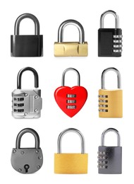 Different padlocks isolated on white, set of photos