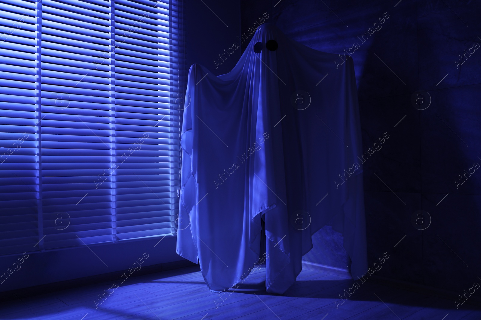 Photo of Creepy ghost. Woman covered with sheet near window in blue light