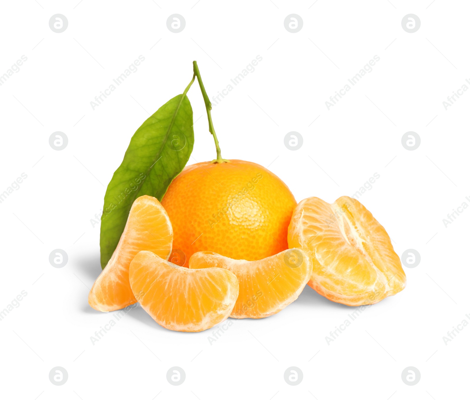 Photo of Fresh ripe juicy tangerines with green leaf isolated on white