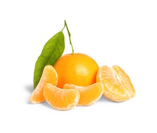 Photo of Fresh ripe juicy tangerines with green leaf isolated on white