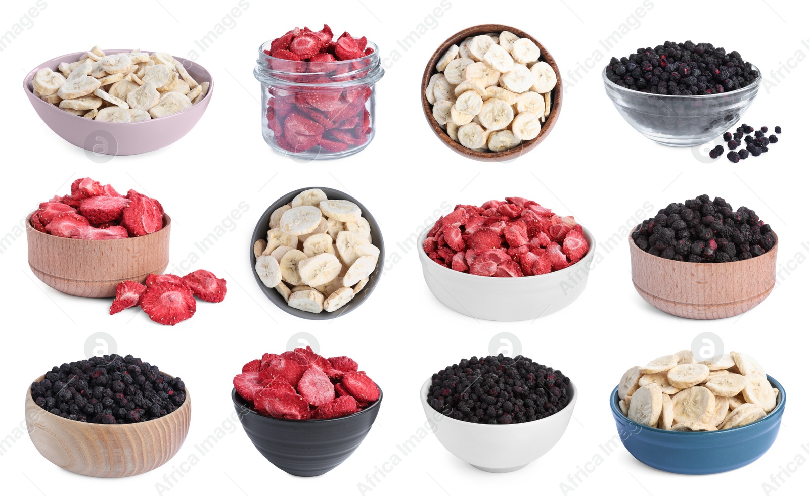 Image of Set with different freeze dried berries and bananas on white background