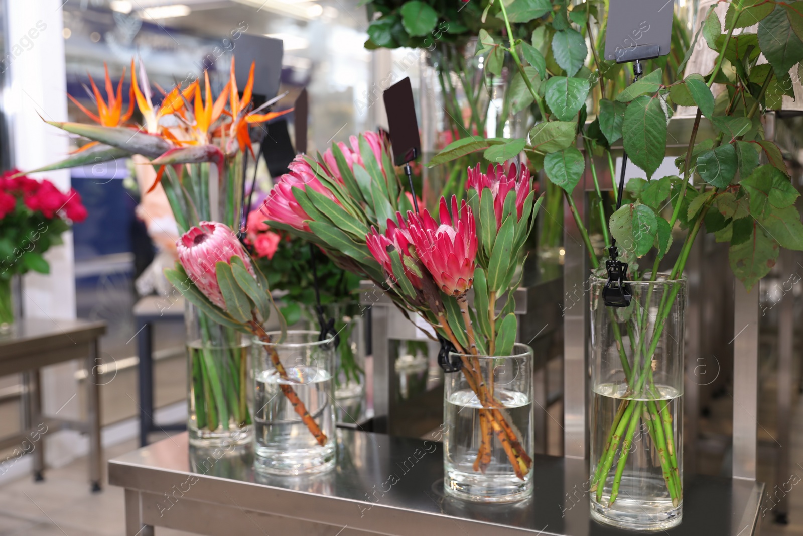 Photo of Assortment of beautiful flowers in shop. Florist's workplace