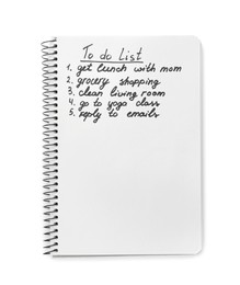 Photo of Notebook with to do list on white background, top view