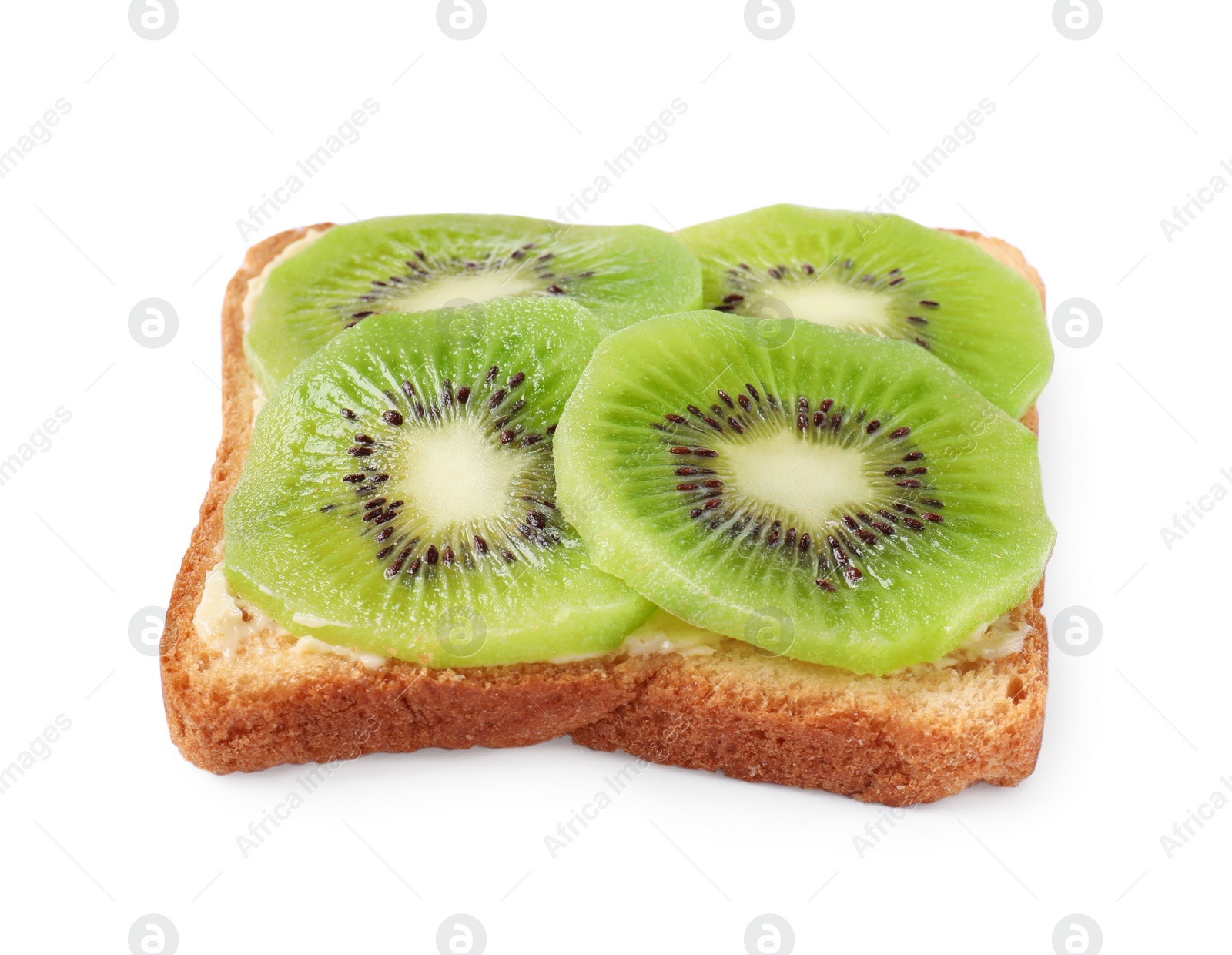 Photo of Delicious toast with sliced kiwi and butter isolated on white