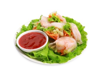 Tasty spring rolls served with lettuce and sauce on white background