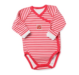 Photo of Striped bodysuit isolated on white, top view. Christmas baby clothes