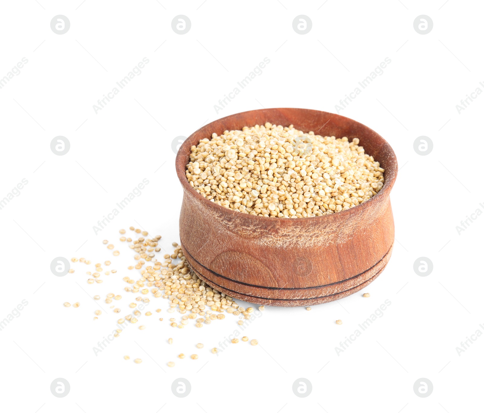 Photo of Wooden bowl with quinoa on white background