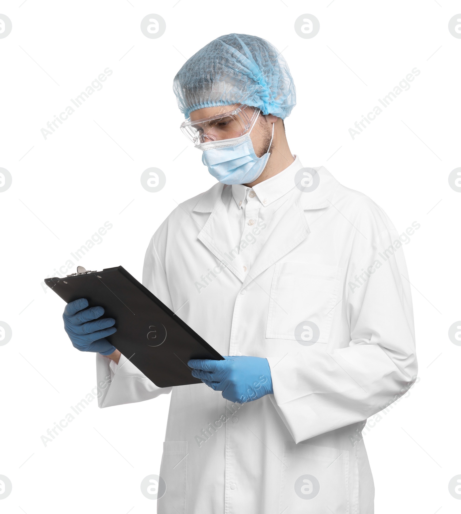 Photo of Quality control. Food inspector with clipboard on white background