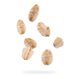 Image of Rolled oat flakes falling on white background