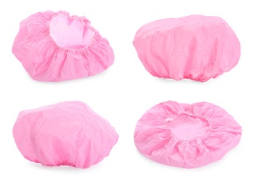 Image of Set with waterproof shower caps on white background