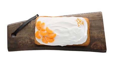 Photo of Delicious homemade yogurt cake with tangerines and cream on white background, top view