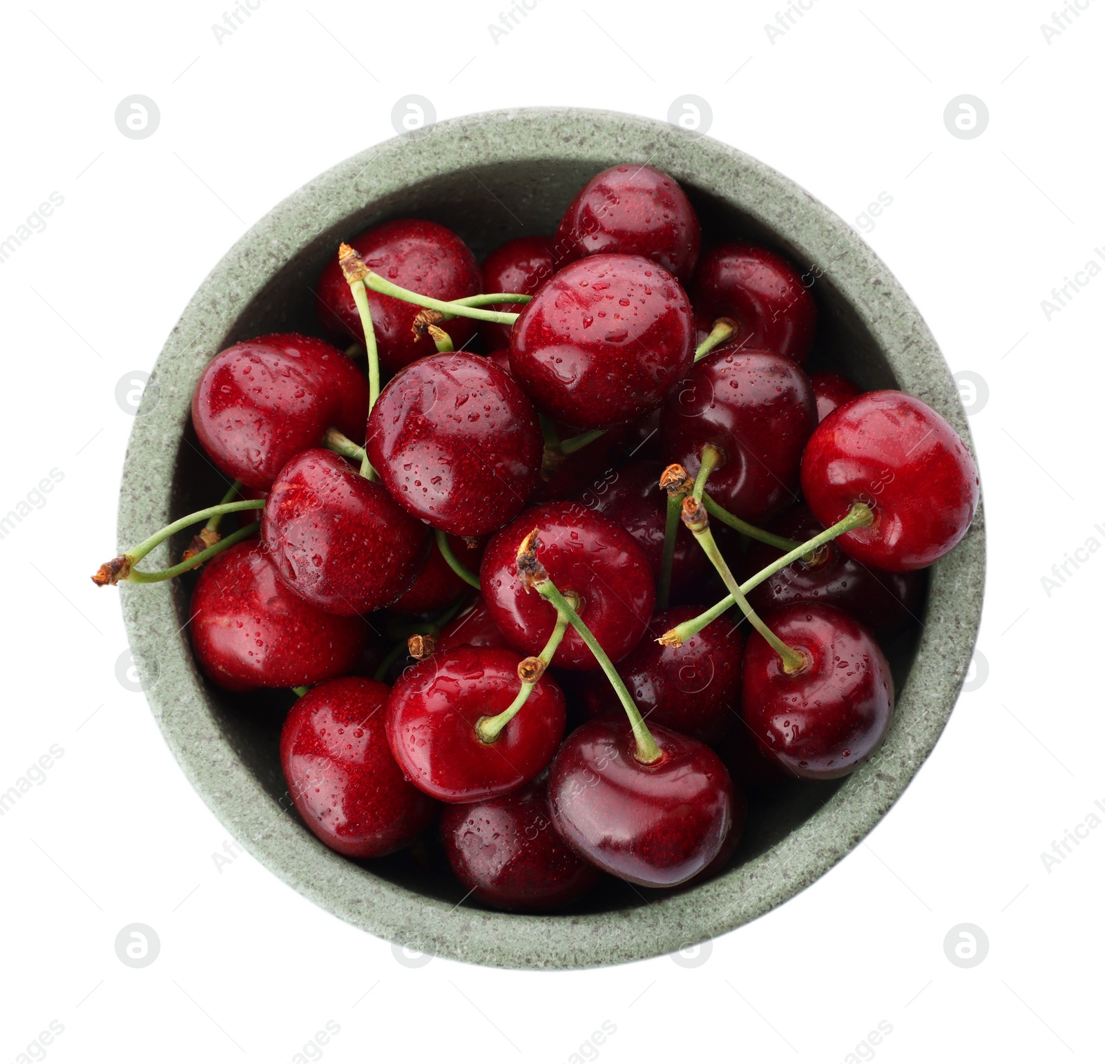 Photo of Tasty ripe sweet cherries in bowl on white background, top view