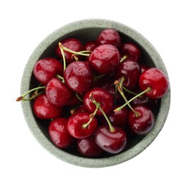 Tasty ripe sweet cherries in bowl on white background, top view