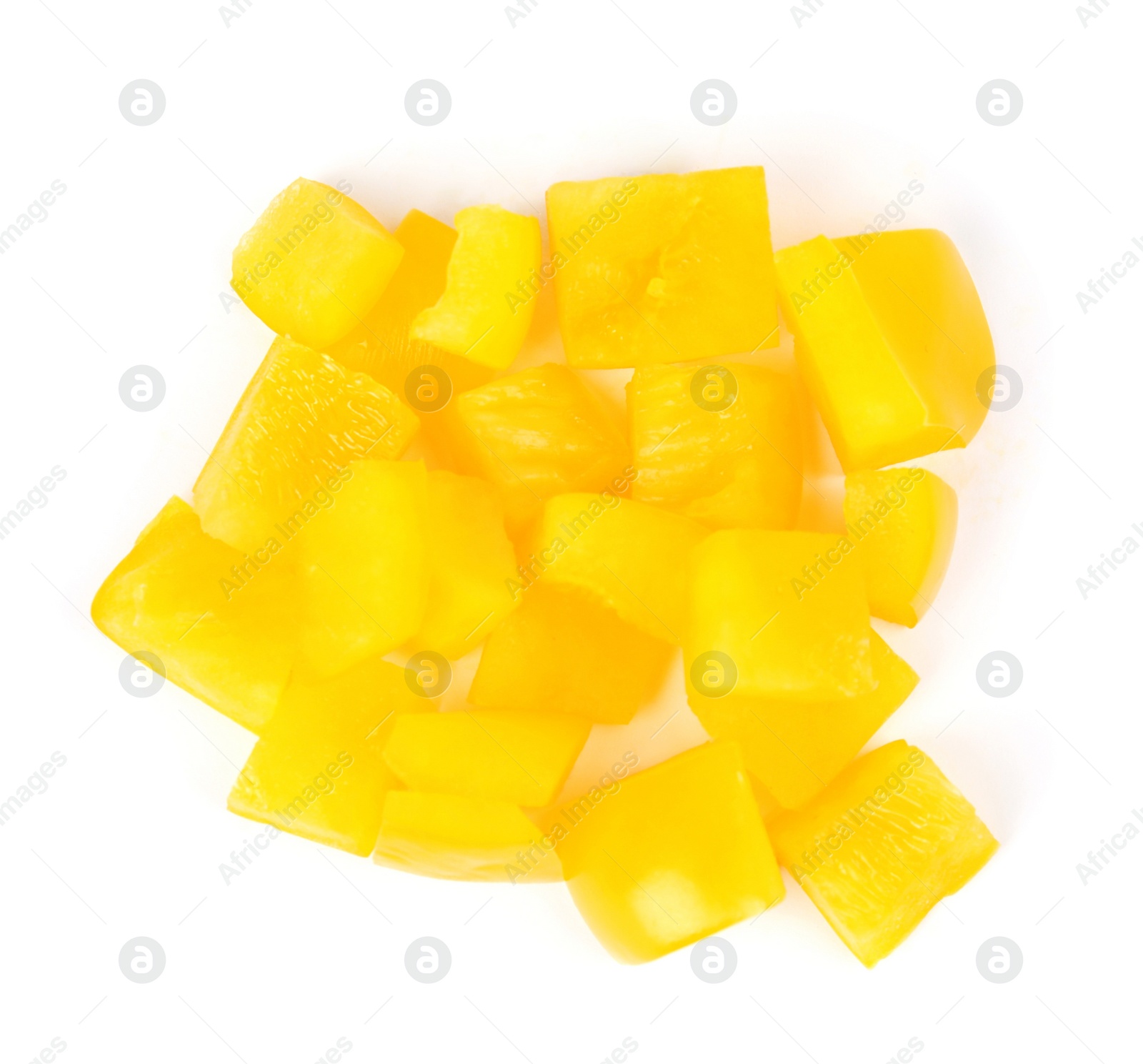 Photo of Diced yellow bell pepper isolated on white