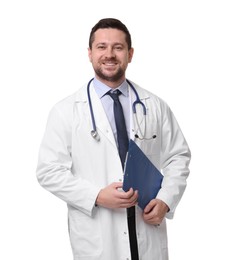 Photo of Portrait of smiling doctor with clipboard isolated on white