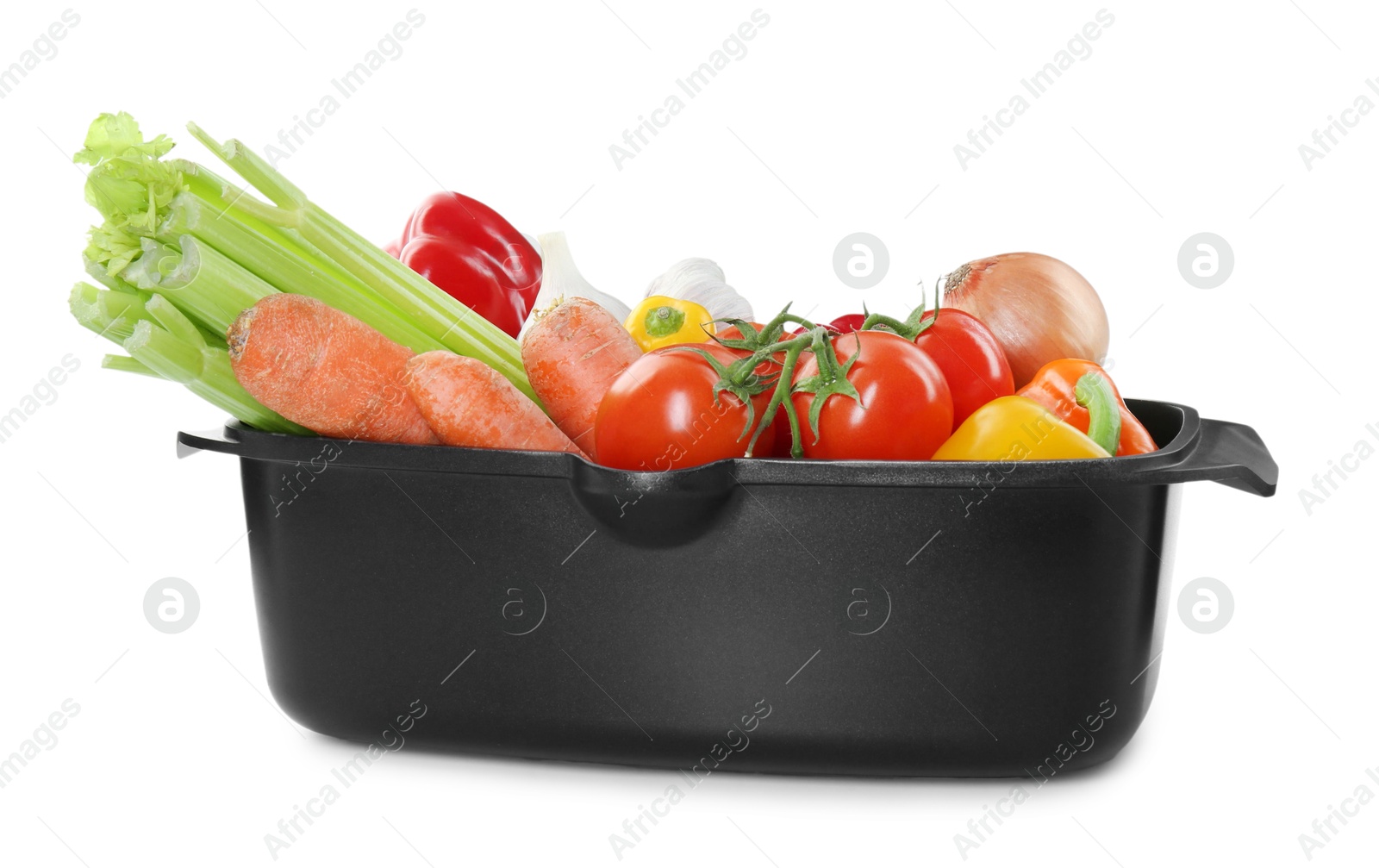 Photo of Fresh products in black pot isolated on white