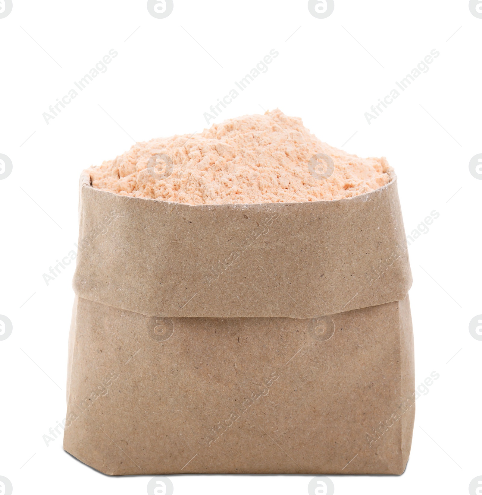 Photo of Lentil flour in paper bag isolated on white