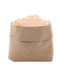 Photo of Lentil flour in paper bag isolated on white