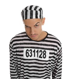 Prisoner in striped uniform on white background