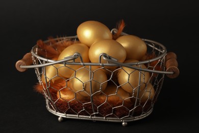 Photo of Shiny golden eggs with feathers in metal basket on black background