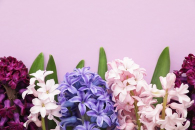 Photo of Beautiful spring hyacinth flowers on color background, top view. Space for text