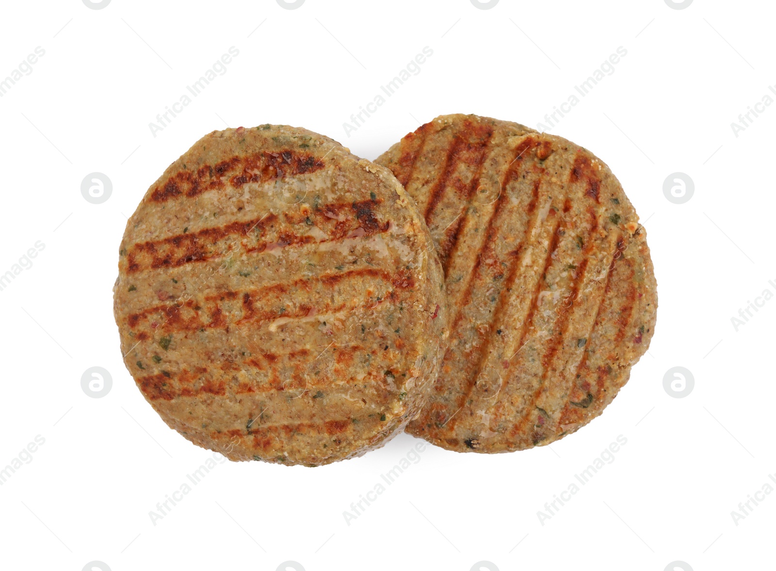 Photo of Tasty grilled vegan cutlets isolated on white, top view