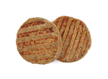 Tasty grilled vegan cutlets isolated on white, top view