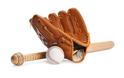 Wooden baseball bat, ball and glove isolated on white